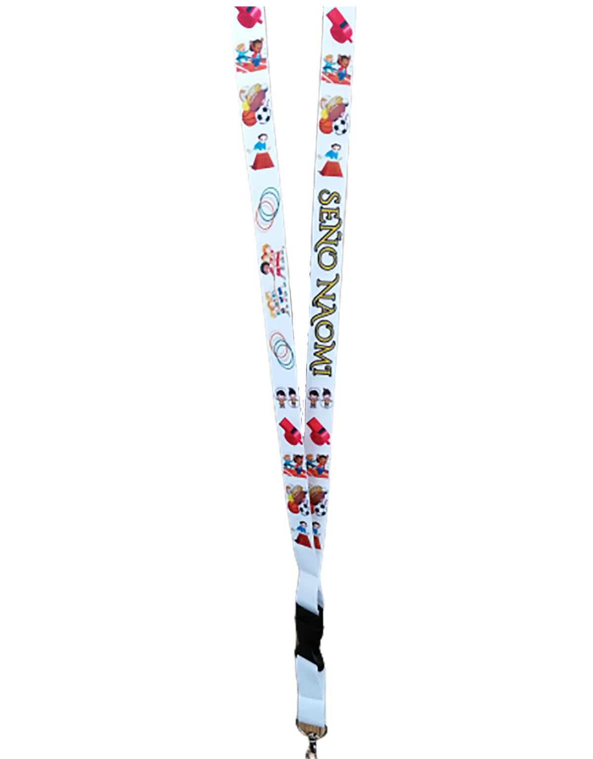 Lanyard Personalizado Gimnasia colegio SEÑO + NOMBRE o PROFE + NOMBRE o solo NOMBRE. Porta Tarjetas Identificativas. Decorado con silbato, potro, cuerda, pelotas, carrera