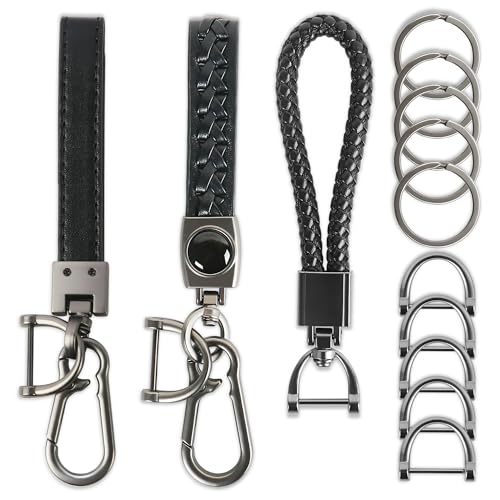 Car captain 3 Pack Leather Keychain Universal Key Chains for Car Keys Woven Strap Braided Rope Leather Key Chain for Men Key Fob keychain Holder With 5 Keyrings,5 Anti-Lost D-Ring