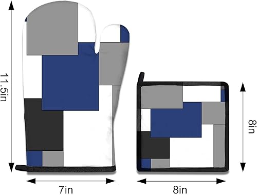 Miniatura 6 de MCALK Juego de 5 guantes de horno y soportes para ollas color azul marino, guantes de horno negros y almohadillas calientes para cocina de cocina,