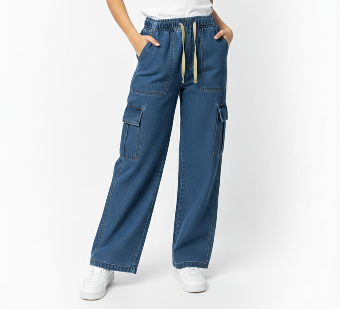 Women’s Wide Leg Cargo Jeans with Elastic Waist & Utility Pockets Denim Blue-picture-23