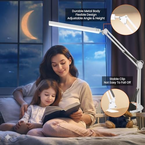 Image of Dyazo Overhead LED Desk Lamp with Long Adjustable Arm Clamp | Dimmable Table Light Includes 3 Color Modes & 10 Brightness Levels | 12W Lighting for Study, Reading, Crafting with Memory Feature (White)