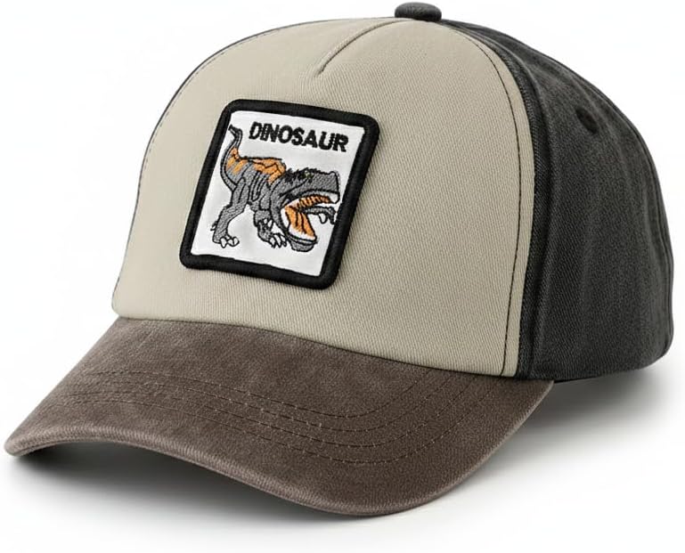 Tyrannosaurus Dinosaur Embroidered Baseball Cap Adjustable Colorblock Kids Hat Washed Summer Hats for Boys Ages 2-8