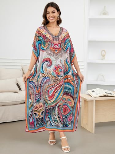 Image of IMAGEKOPE Women's Plus Size Loose Fit Moroccan Print V-Neck Batwing Kaftan Beach Dress Bathing Suit Cover Up