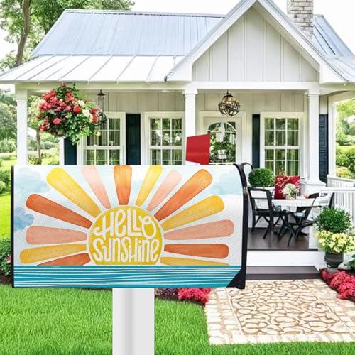 Image of Hello Sunshine Sun Boho Mailbox Cover Magnetic Standard Size 20.5 inch x 18 inch, Spring Summer Sea Ocean Decorative Post Letter Box Wrap Decor, Bohemian Seasonal Garden Yard Outdoor Decoration