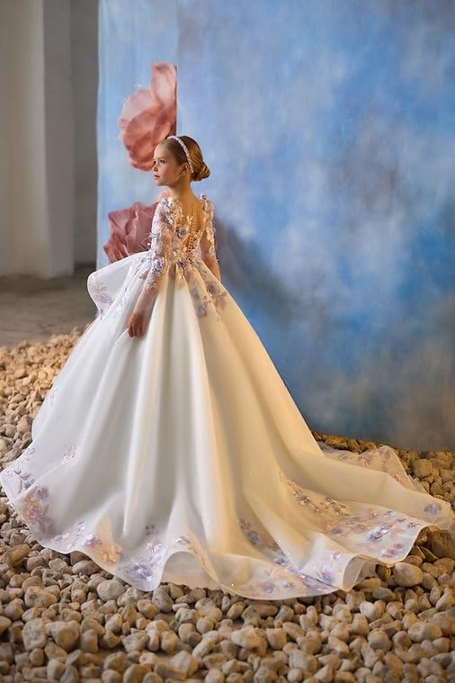 Girls Flower Embroidery Flower Girl Dresses Long Sleeves Wedding Dress Puffy Tulle Pageant Gown WT022