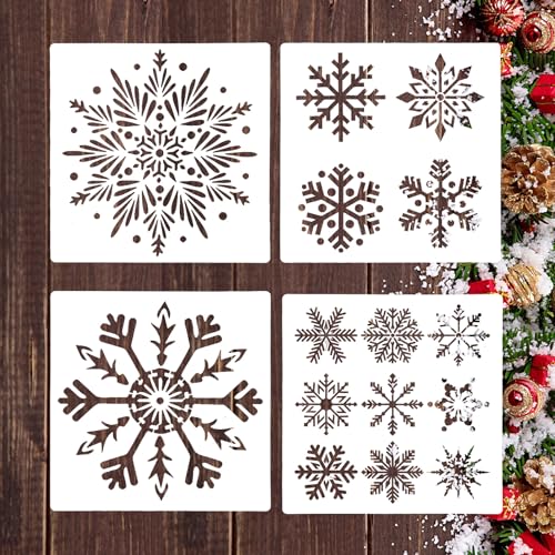 4 Pieces Christmas Snowflake Stencil for Crafts Large Snowflake Template Reusable Xmas Snow Flakes Crafts DIY Painting Stencils for Christmas Winter Holiday Home Decor (10 Inches)