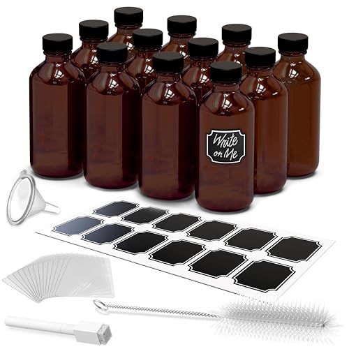 Nevlers 8 Oz Amber Glass Jars with Lids 12 Pack | Leakproof Boston Round Glass Bottles with Lids, Shrink Wrap, Funnel, Labels, Marker & Brush | Use as Amber Vanilla Bottles For Gift Giving 8 Oz Set