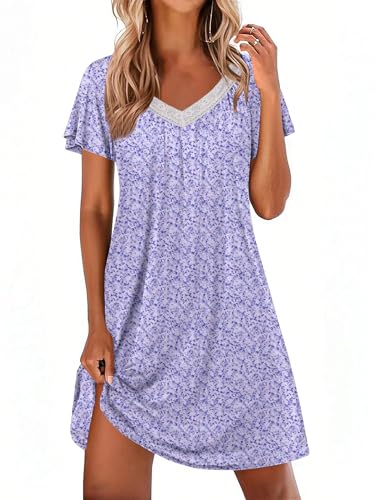 Ekouaer Womens Nightgown Lace Trim V Neck Sleep Shirt Flare Short Sleeve Night Gown Pleated Nightshirt Ladies Nightdress