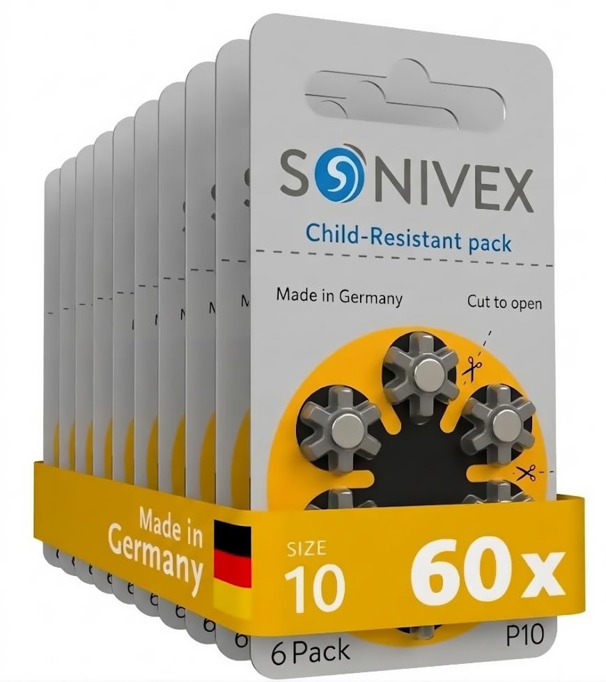 SONIVEX Size 10 Hearing Aid Batteries PR70 Zinc-Air Mercury Free Made in Germany 60 Count (10 Packs of 6)