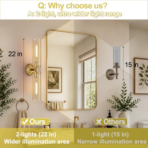 Image of Indoi Wall Sconces Set of Two, Hardwired Brushed Gold Bathroom Sconces Wall Lighting with Amber Glass, Modern Sconces Wall Decor Set of 2 Vanity Light fixtures for Bathroom Mirror Bedroom