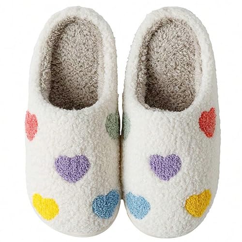 Image of Women's Men's Cute Fuzzy Heart Slippers Memory Foam Fluffy Couple Slippers Cozy House Indoor Outdoor Shoes