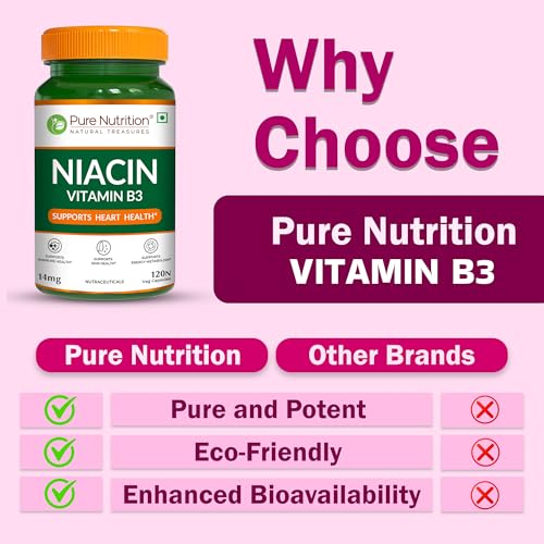 Image of Pure Nutrition Niacin Vitamin B3 Supplement 14 mg | Vitamin B3 Niacinamide Supplements Supports Immune Function, Cellular Energy, Skin Health & Energy Metabolism - 120 Veg Capsules