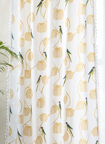Image of Tranquebar Curtain Co. Bird Print Door Curtain - Room Darkening, Boho Lace Tassels, 213 cm (7 Feet), Blue, 1 Piece, 100% Cotton, Eyelet, Mithu- Door Curtain 7 Feet,Eyelets,
