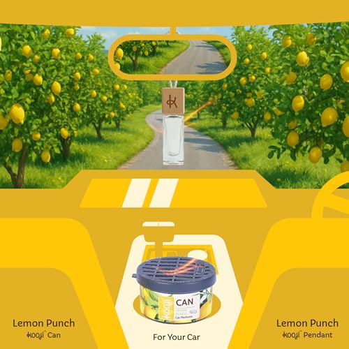 Image of Kooji Can Car Perfume + 5ml Car Hanging Perfume Pendant (Free) - Lemon Punch Scent - Long-Lasting, Alcohol-Free, Oud & Saffron Oriental Fragrance - For Car, Home, or Office Use - Lasts Up to 60 Days