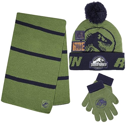 Jurassic World Kids Winter Hat Scarf and Snow Gloves for Boys Set Classic T-Rex Graphic Warm and Soft Accessories