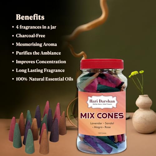 Image of Hari Darshan Natural Dhoop Cones Mix - 240 Cones | Lavender Rose Sandal Mogra | Pure Long-Lasting Dhoop Cones for Pooja Meditation Home Fragrance | Pack of 2 Jars 120 Cones Each for a Divine Aroma