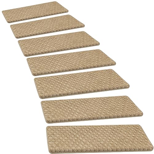 PURE ERA Bullnose Carpet Stair Treads Set Tape Free Non-Slip Indoor Stair Protectors Pet Friendly Rugs 9.5' x 30'(14 Pieces,Khaki Mini-Diamond Trellis)