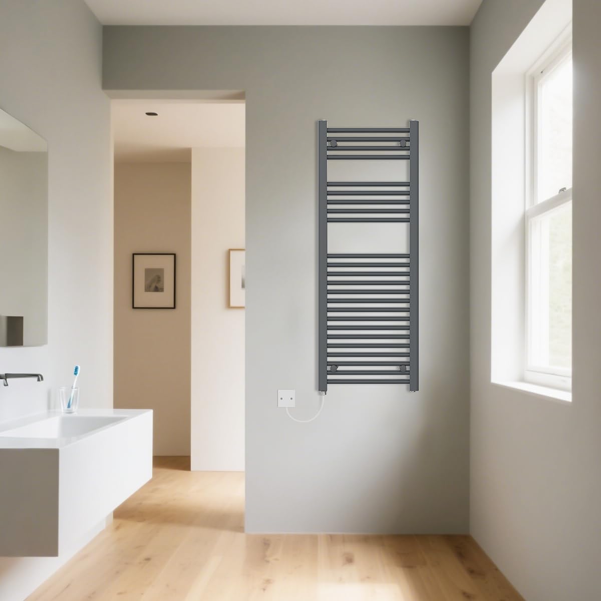 Warmehaus Manual Electric Heated Bathroom Towel Rail Warmer Straight Anthracite Radiator Rad Prefilled 1200X450mm 500W