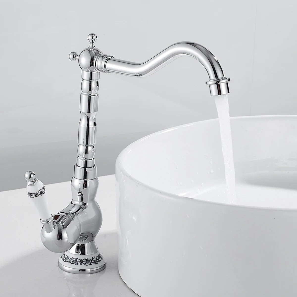 Grifo de cocina retro cromado Grifería de lavabo de latón Mezclador monomando para fregadero de cocina Giratorio 360° Grifo de baño vintage con manija de cerámica