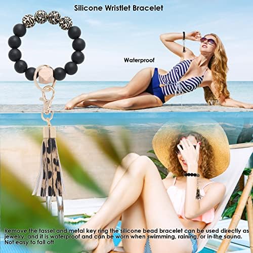Abeillo 2PCS Silicone Beaded Bracelet Keychain Wristlet, Bracelet Key Ring Bangle Keychains for Women with Leather Tassel