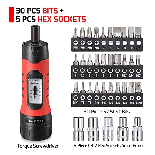 Image of Torque Screwdriver Wrench Set (10-65 In.lb ±1) with 29 S2 Alloy Bits & 5 Drive Sockets | 1 /4 inch Socket Adapter for Tools, Bike Repair, Mounting | Includes Portable Case
