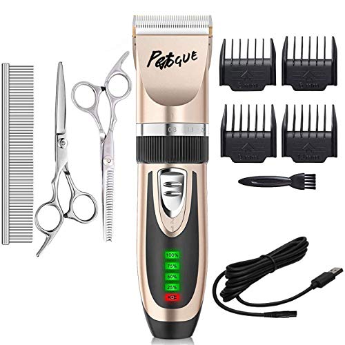 PetVogue Cordless Low Noise Professional Rechargeable Hair Trimmer Shaver Clippers with Comb Guides Scissors Grooming Tool Kit for Dogs, Cats and Other Hairy Animals (Blue)