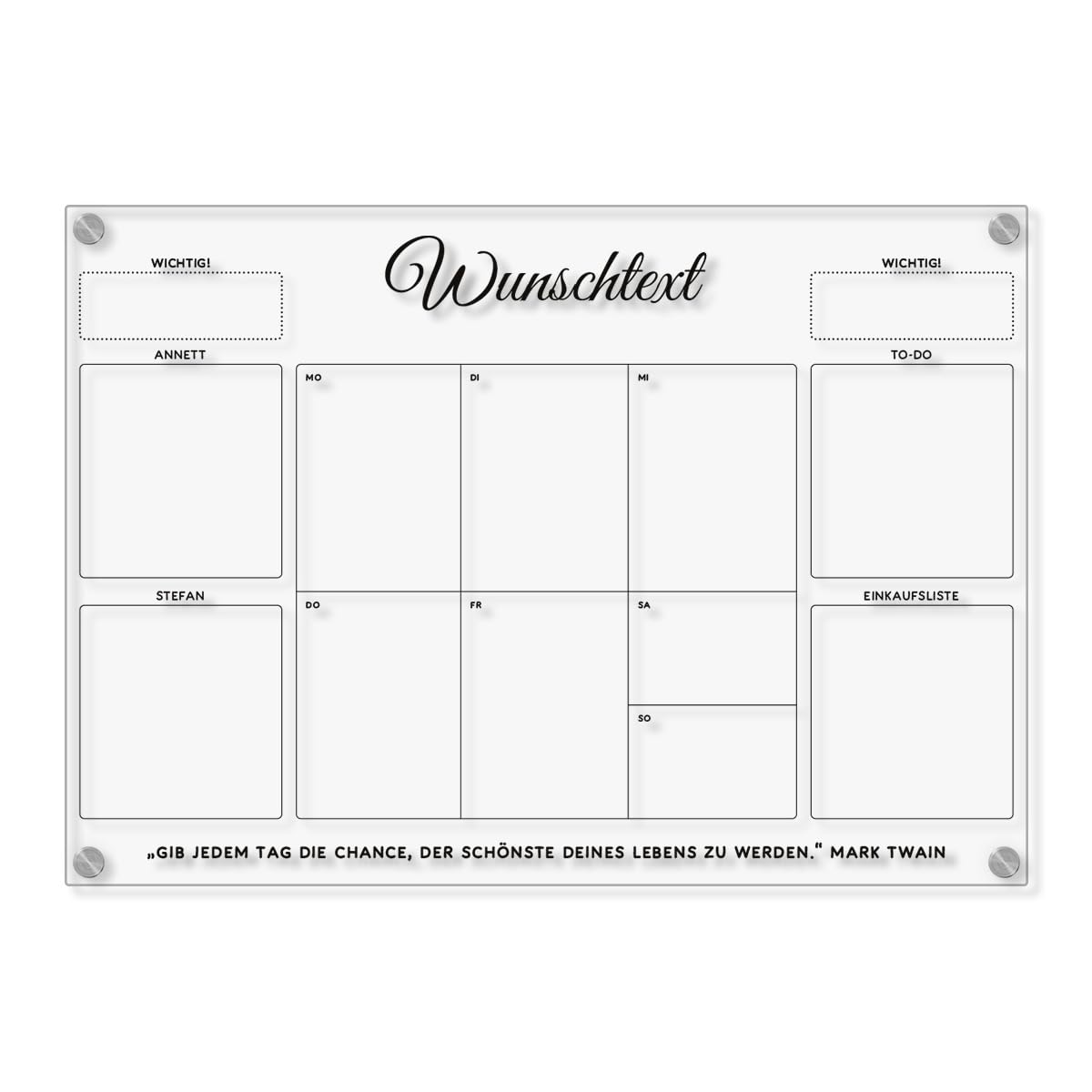 Personalisierter Acrylglas Wandkalender - Familien Wochenplaner abwischbar DIN A3, A2 oder A1 XXL wählbar inkl. Montagematerial und Edelstahl Abstandhalter, langlebig, klarer UV-Druck
