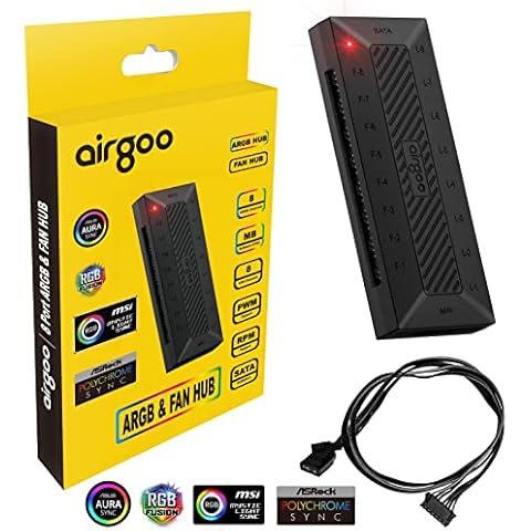 Airgoo PWM ARGB Fan Hub, 8 Fan Ports with pwm Temperature Control sync with Motherboard, 8 Addressable RGB LED Ports for 5V 3-pin Aura SYNC, Gigabyte RGB Fusion, MSI Mystic Light Sync, Sata Powered Cover