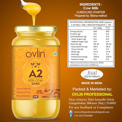 Image of Ovlin A2 Gir Cow Ghee | Traditional Bilona Method | Hand Churned Gir Cow Milk | Pure & Natural Desi Cow Ghee | Chemical Free | Rich Aroma & Taste | Ideal for Cooking & Daily Nutrition (2L)