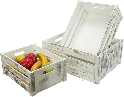Admired By Nature Contenedor de almacenamiento de cajas de madera, juego de 3 cajas de madera rústica, color blanco rústico, cestas decorativas para