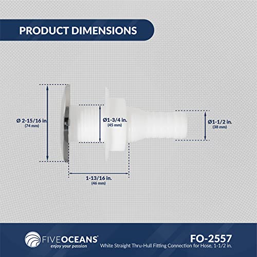 Five Oceans Fo2557 White Straight Thru-Hull Fitting Connection For Hose, 1-1/2 Inches, Injection Molded Polypropylene, Aisi316 Stainless Steel Head, Barbed #TOP6