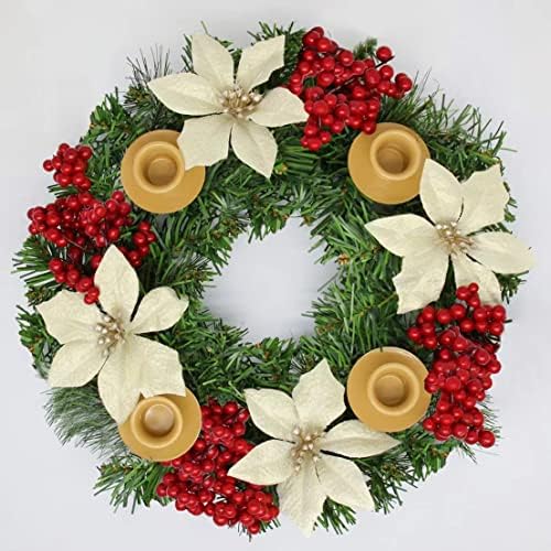 NIKY 13 Inch Artificial Advent Christmas Wreath with Red Berries, Ivory Poinsettias and 4 Candle Ring, Green Cedar Branches Wreath for X-mas Table Decoration, NKUS-WREATH-BAI