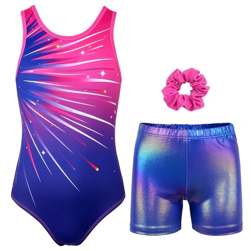 Gymnastics Leotards for Girls with Shorts Sparkly Ballet Dance Activewear Shiny Stars Set 10-11 Years
