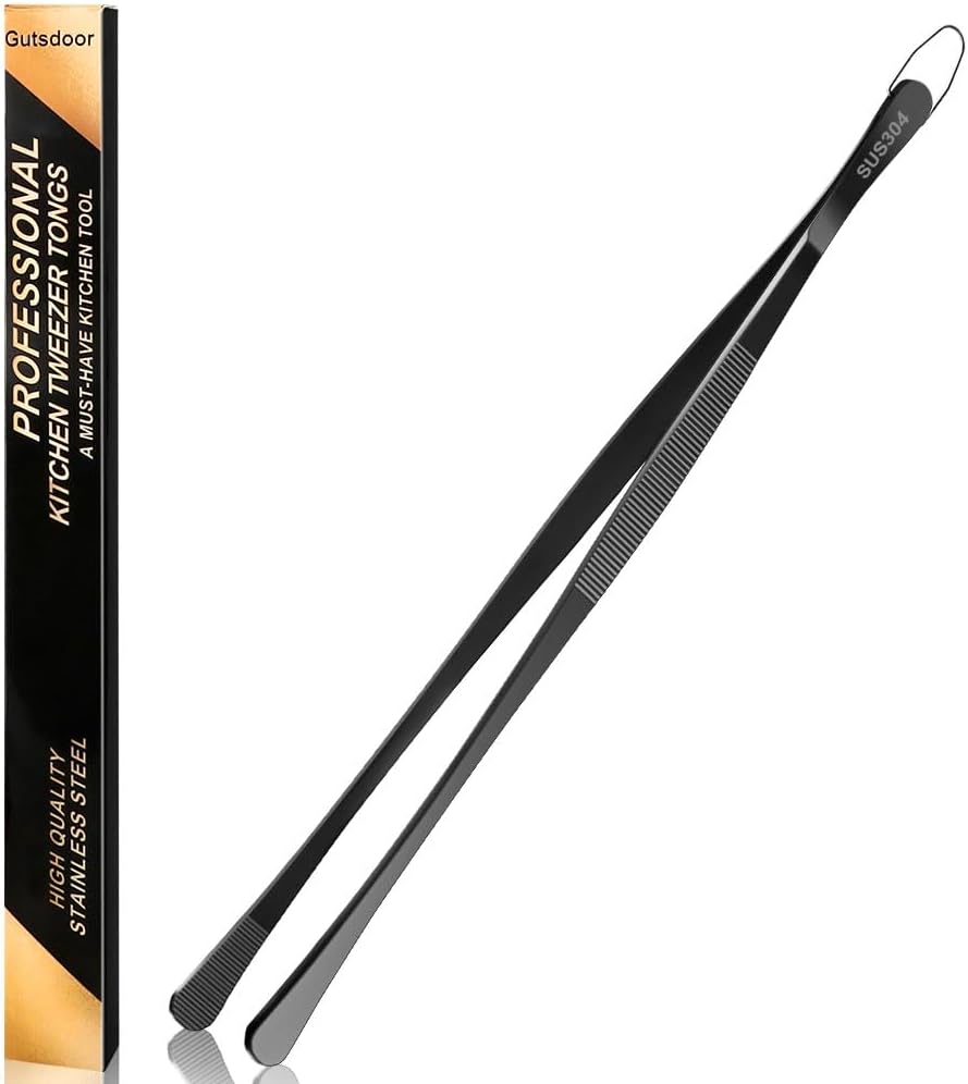 Gutsdoor Kitchen Tweezers for Cooking Tongs Professional Stainless Steel Tweezers (Black 12 Inch Wide-Tipped)