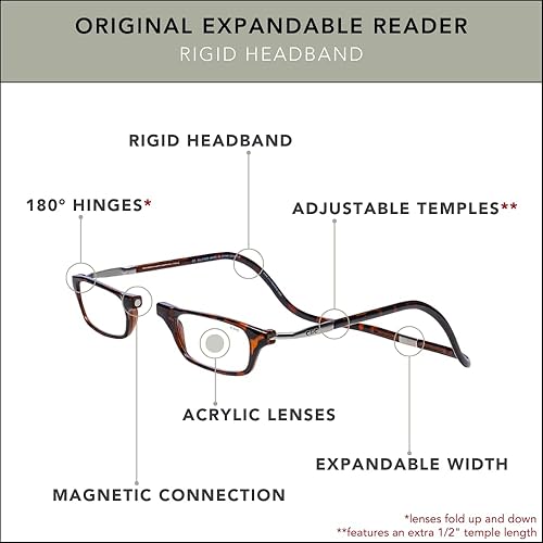 Miniatura 4 de Clic Lentes de lectura magnéticos (expandibles), lectores de computadora con patillas ajustables, originales expandibles, (M-XL, tortuga, aumento de