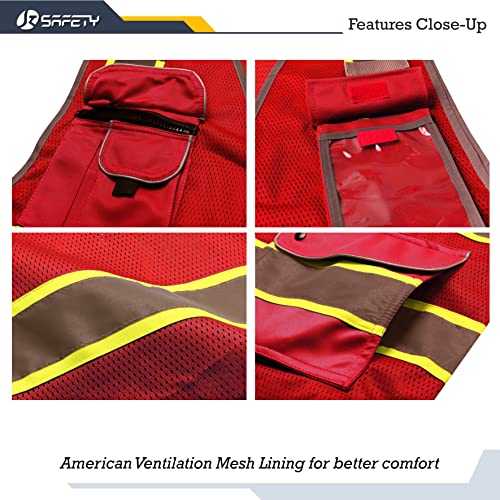 Image of JKSafety 9 Pockets Hi-Vis Neon Red Zipper Front MESH Safety Vest with Fluorescent Yellow Extend Edge outlining the Reflective Tapes Meet ANSI /ISEA Standard (100-Red, 4X-Large)