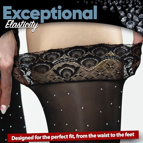 Glamour Sparkle Rhinestone Thigh Highs: Black Sexy Stocking Featuring a Secure Silicone Stay-Up Top for Effortless Wear - (5'3"-5'9" / under 154 lbs) One Pair3