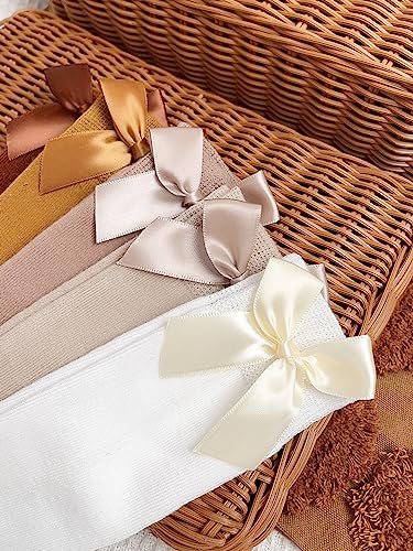 OYOANGLE Girl's 5 Pairs Bow Front Over the Calf Sock Ruffle Trim Knee High Socks Brown Khaki White 11-14Y3