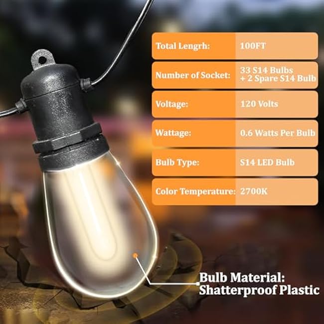 S14 Patio String Lights, 100FT Outdoor Patio String Light with 35 Clear LED Bulbs (2 Spare), UL Certified Waterproof Hanging Lights for Outdoor & Indoor - Commercial Grade Black Wire
