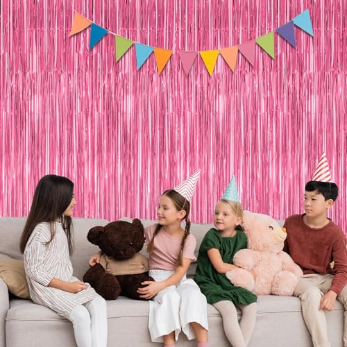 Image of ZATAYE 12 Pack Pink Backdrop, 3.28 FT x 7.05 FT Foil Fringe Curtains, Metallic Pink Tinsel Curtain Party Streamer Birthday Backdrop for Girl, Valentines Day Decorations Bachelorette Party Supplies