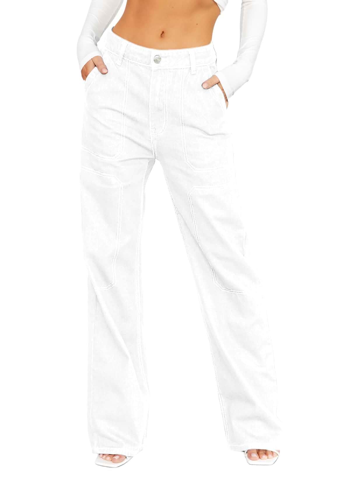 Dokotoo Women's Casual Mid Waist Cargo Jeans Stretch Button Wide Leg Denim Pants with Pockets Jeans