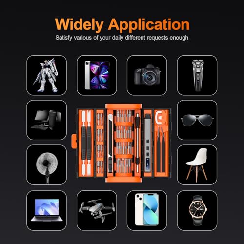 Image of UF-TOOLS Mini Electric Screwdriver, 83 in 1 Cordless Rechargeable Small Power Screwdriver Set with 71 Bits, Led Light and Magnetic Mat, Professional Repair Tool for Phone Camera Laptop PC, Orange