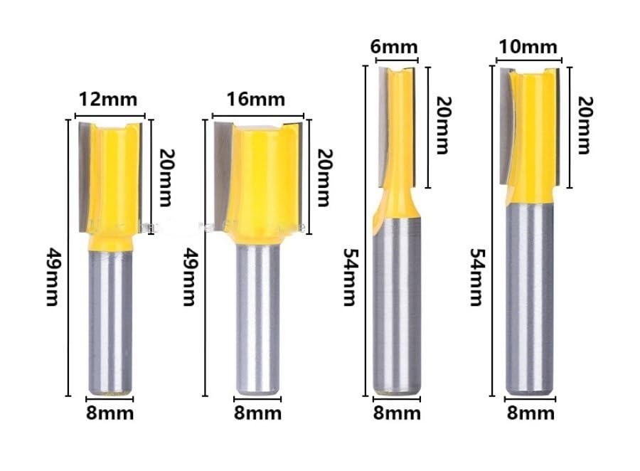 4 szt. Zestaw frezów do drewna z trzpieniem 8 mm (6, 10, 12, 16) o długości krawędzi 20 mm