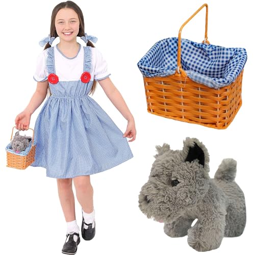 DOROTHY COSTUME PER RAGAZZE per la giornata del libro mondiale del libro - vestito da DOROTHY + cravatte per capelli abbinabili + cesto + cane giocattolo (Medio)