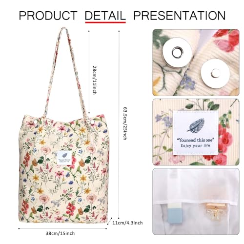 Image of Ayieyill Corduroy Tote Bag for Women Canvas Shoulder Cord Purse with Inner Pocket