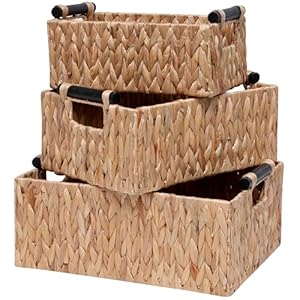 Wicker Storage Basket Shelf Bakets Hand-Woven Water Hyacinth Woven Storage Basket with Wooden Handles,Nested Organizer Container with Built-In Carry Handles,3 Pack Wicker Storage Basket Shelf Bakets Hand Woven Water Hyacinth Woven Storage Basket with Wooden HandlesNested Organizer Container with Built In Carry Handles3 Pack