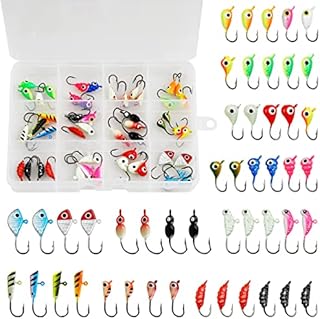 Ice Fishing Jigs Kit, 48pcs Luminous Ice Fishing Lures Glow Ice Fishing Gear Crappie Jig Micro Small Ice Jig Head Hooks Set Small Winter Fishing Jigging for Crappie Panfish Walleye Perch Bluegill