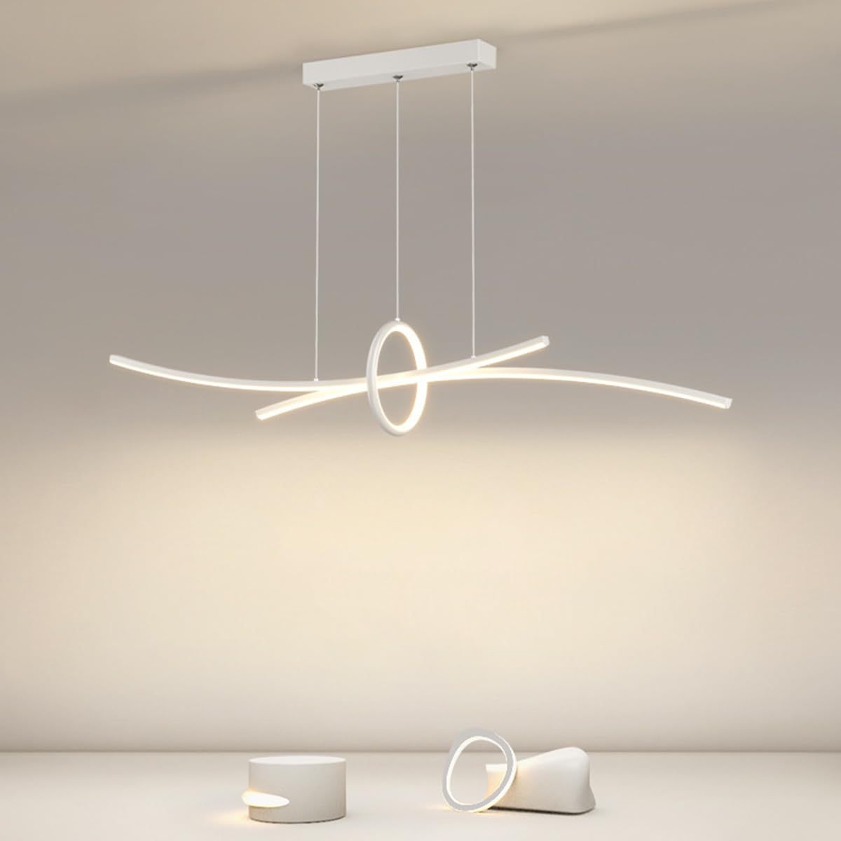 110CM LED Pendelleuchte Moderne Esstisch Kronleuchter Dimmbare Deckenleuchte mit Fernbedienung Hängeleuchte Höhenverstellbar Pendellampe für Wohnzimmer Esstisch Esszimmer (Weiß)