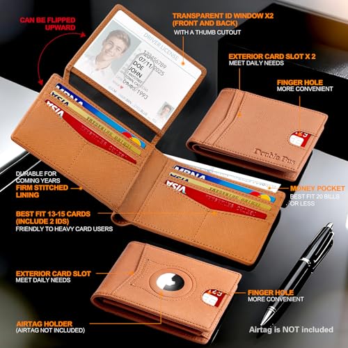 Image of Wallet for Men Slim RFID Blocking Bifold Carbon Fiber,Minimalist Small Compact Front Pocket Credit Card Holder,Thin Mens Leather Wallets Smart Security With 2 ID windows 1 Cash (Cross Brown)