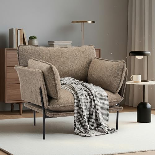 Image of Modern Boucle Accent Chair for Living Room Chairs, Oversized Upholstered Reading Chair Lounge Armchair with Sturdy Metal Legs, Comfy Single Sofa Chair for Living Room,Bedroom,Balcony (Brown)